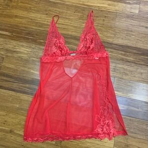 Y2K Victoria's Secret Red Babydoll Size Medium Lingerie Lace Trim Mesh‎ Chemise